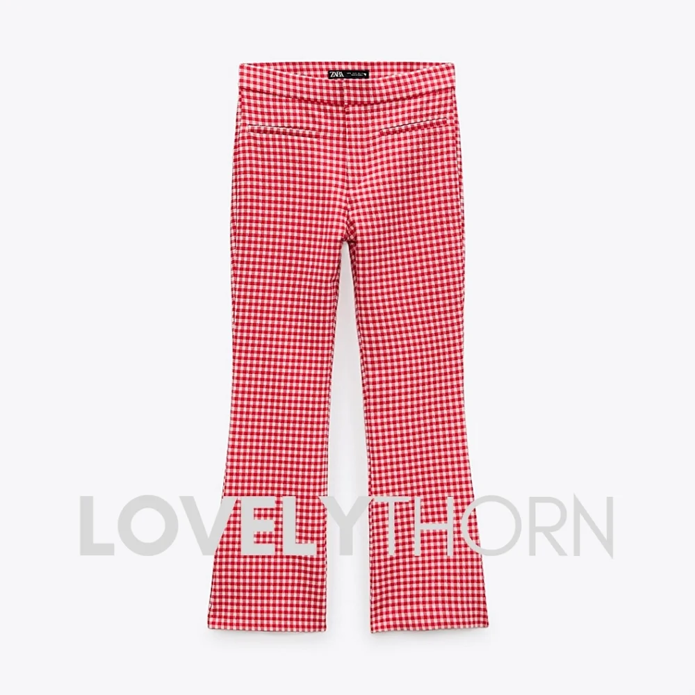 ZARA // red & white textured gingam hi waist crop mini flare pants - Picture 5 of 14
